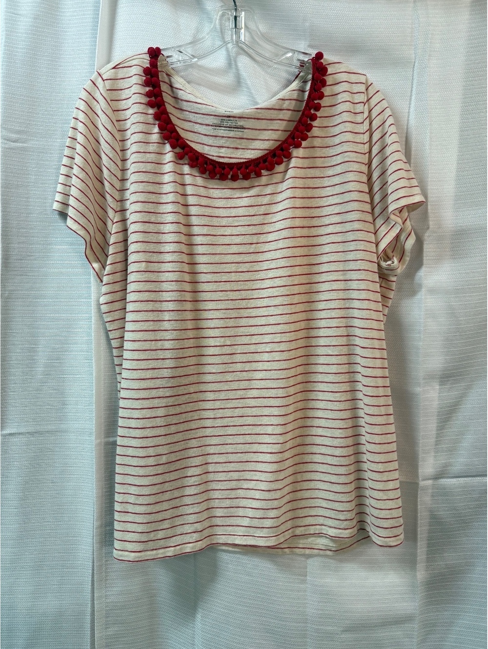 Talbots Women's Linen Blend Striped Short Sleeve Top with Red Trim